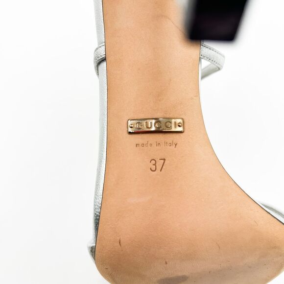 Gucci GG Crystal Metallic Silver Leather Sandals Heels EU 37 US 7 - Picture 10 of 14